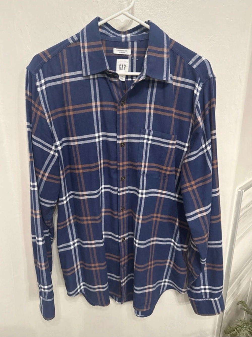 Gap Blue Plaid Long Sleeve Button Down Shirt Standard Fit Stretch Medium